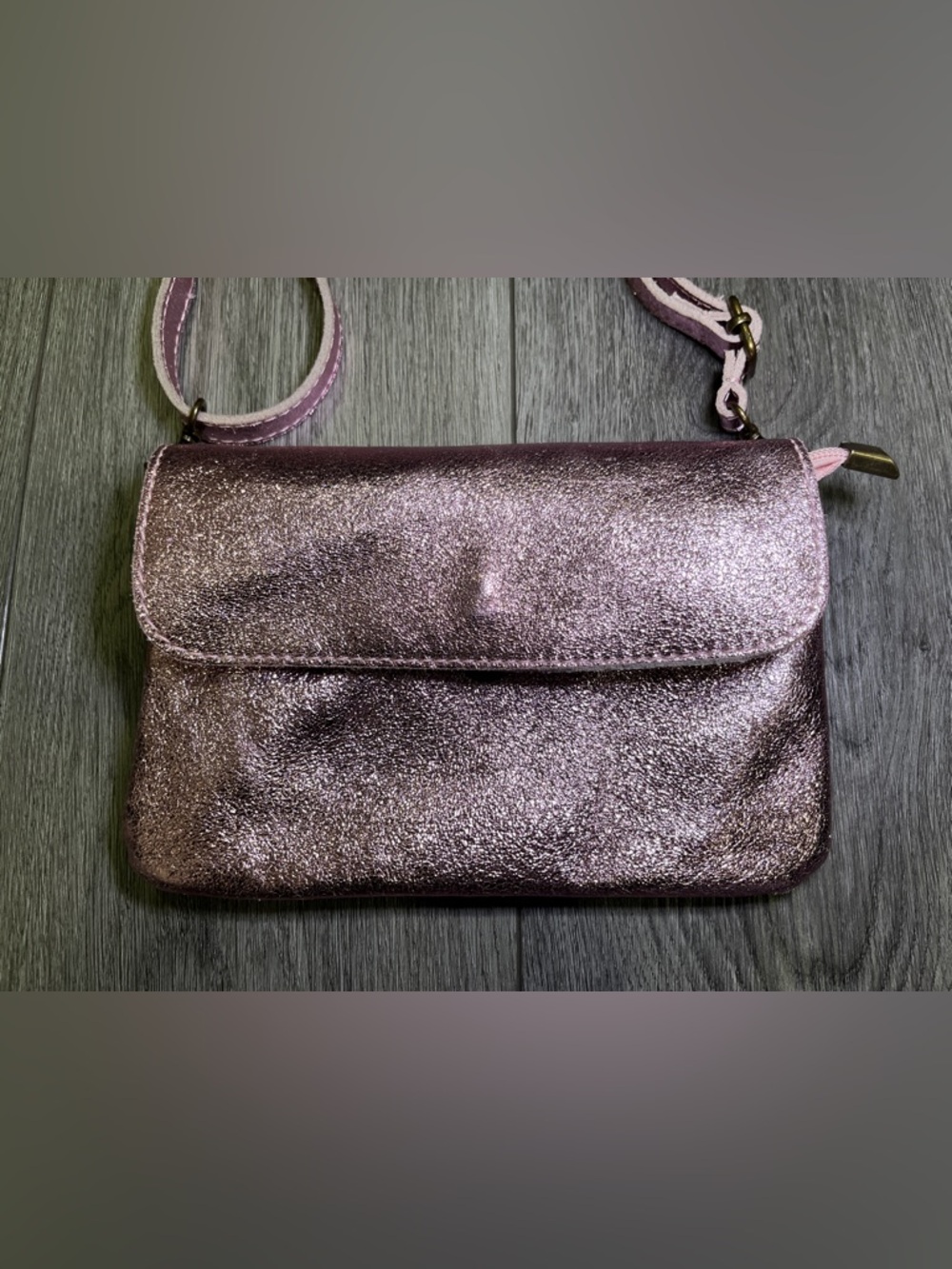 Leather Metallic Pink Crossbody Bag Made in Italy Compact Shoulder Purse